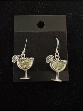 Shube silver dangle earrings. Margarita with green stone lime slice and salt rim